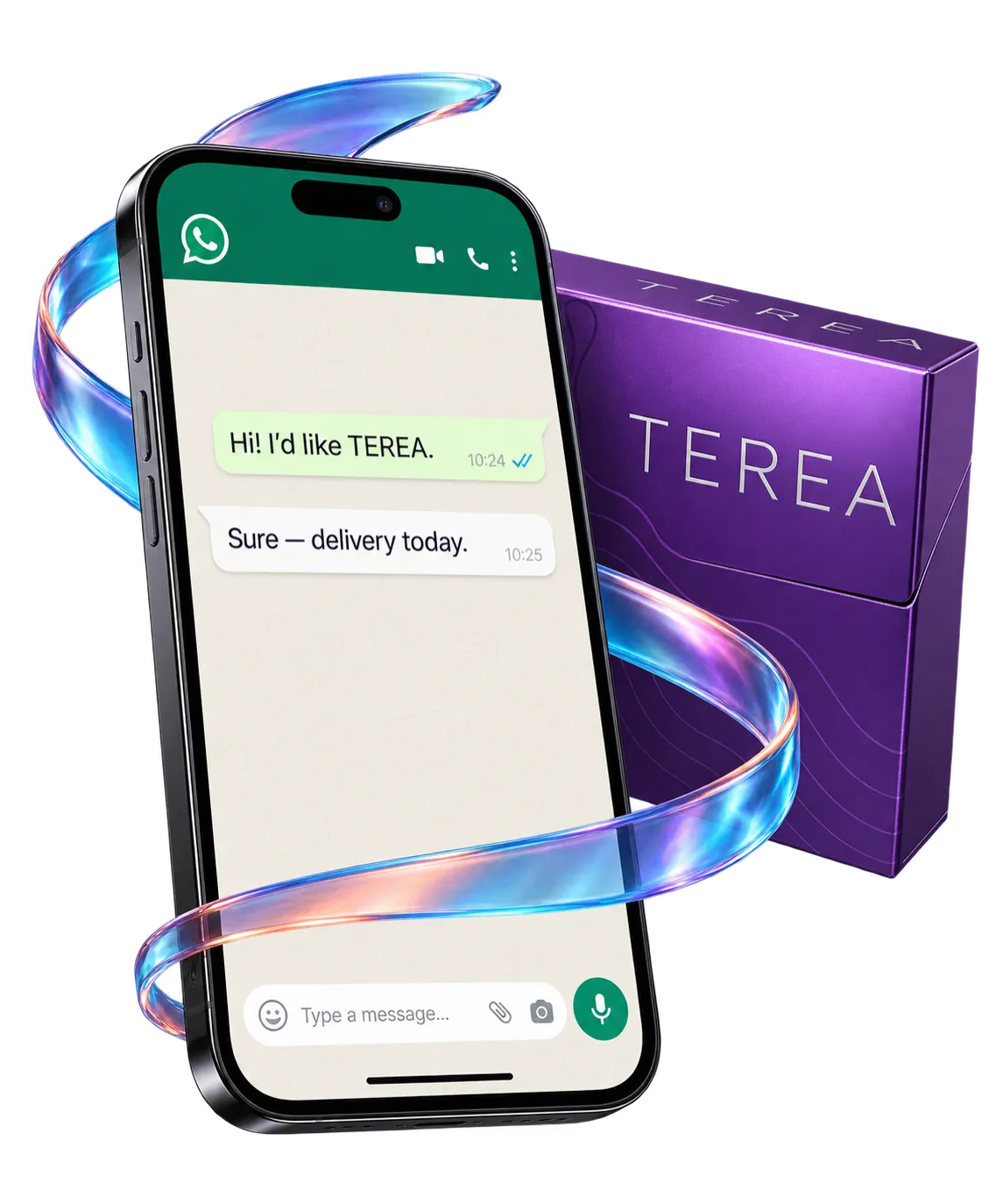 Commande de TEREA sur WhatsApp : téléphone avec la conversation et cartouche de sticks